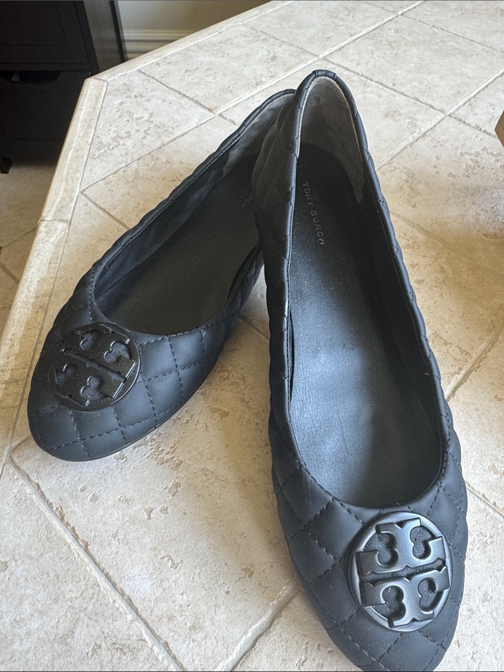 Tory Burch Black Quilted Logo Ballet Flats
